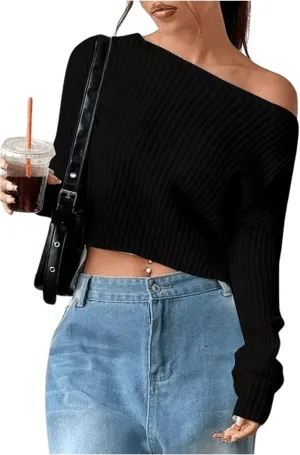 Verdusa Women's Off Shoulder Long Sleeve Sweater Y2K Cold Shoulder Sweaters Knit Fitted Pullover Top