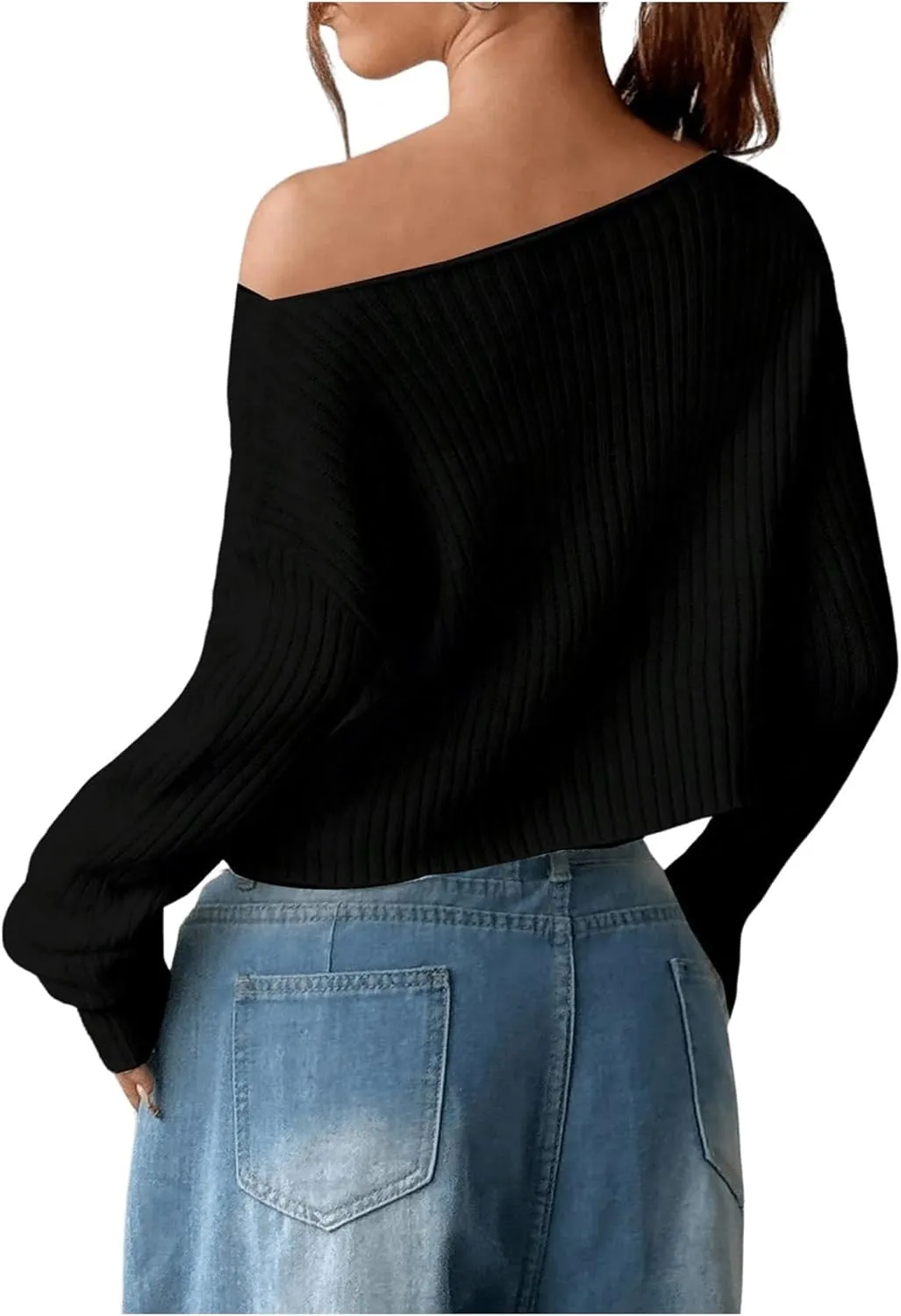 Verdusa Women's Off Shoulder Long Sleeve Sweater Y2K Cold Shoulder Sweaters Knit Fitted Pullover Top