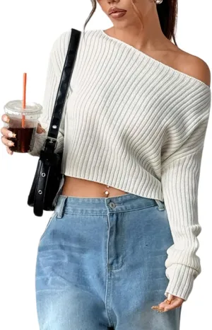 Verdusa Women's Off Shoulder Long Sleeve Sweater Y2K Cold Shoulder Sweaters Knit Fitted Pullover Top