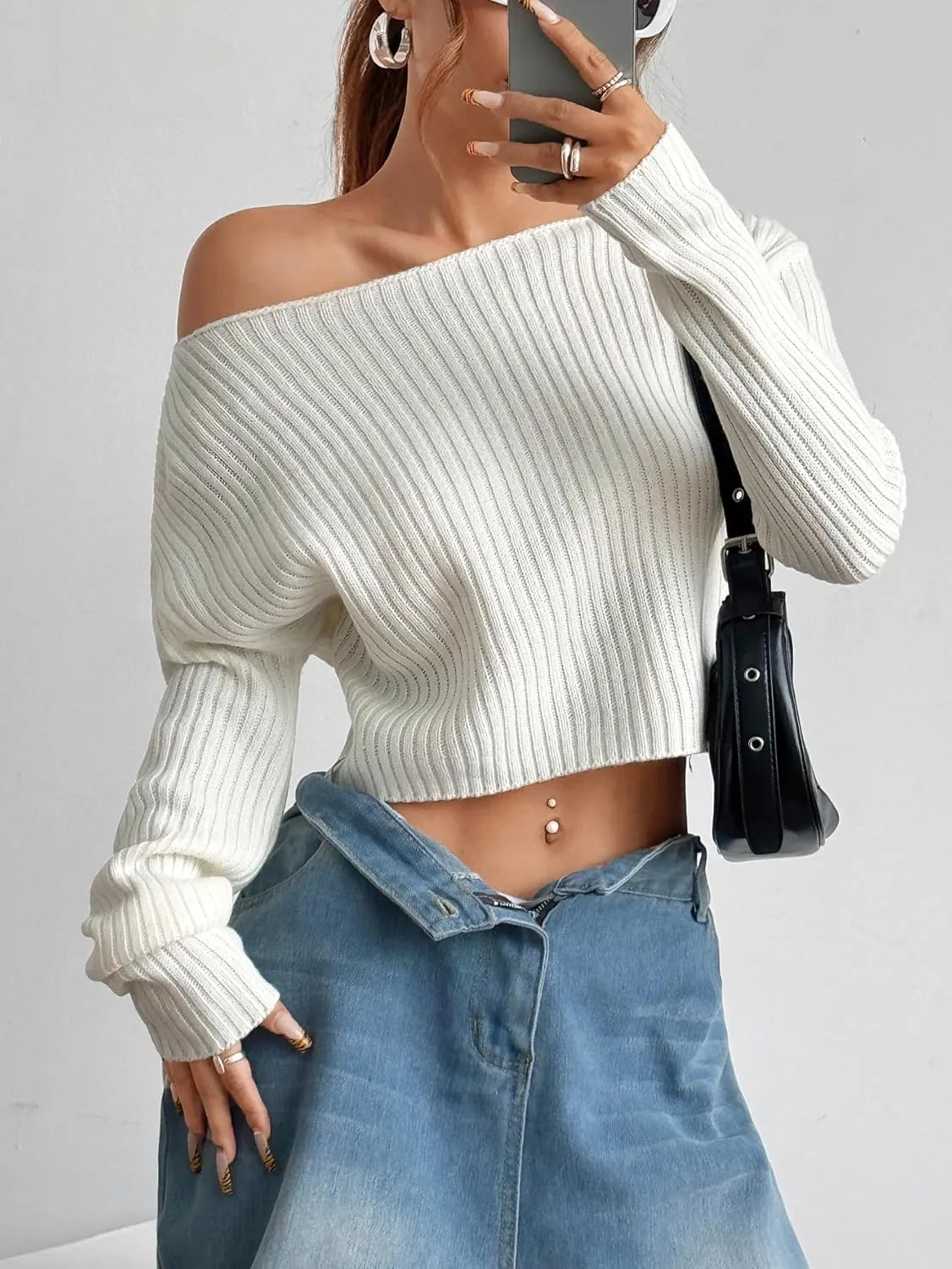 Verdusa Women's Off Shoulder Long Sleeve Sweater Y2K Cold Shoulder Sweaters Knit Fitted Pullover Top