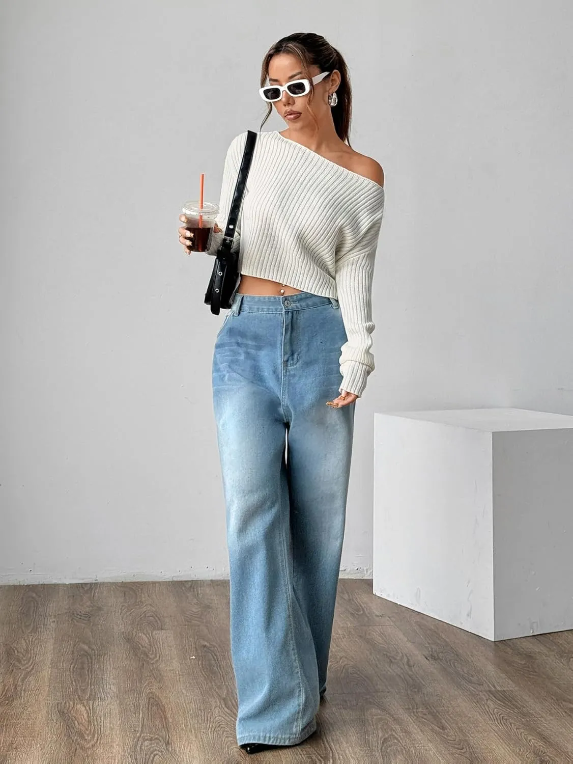 Verdusa Women's Off Shoulder Long Sleeve Sweater Y2K Cold Shoulder Sweaters Knit Fitted Pullover Top