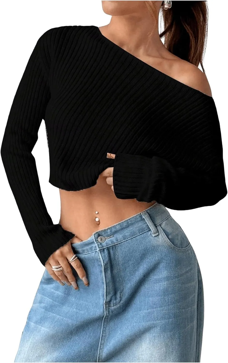 Verdusa Women's Off Shoulder Long Sleeve Sweater Y2K Cold Shoulder Sweaters Knit Fitted Pullover Top