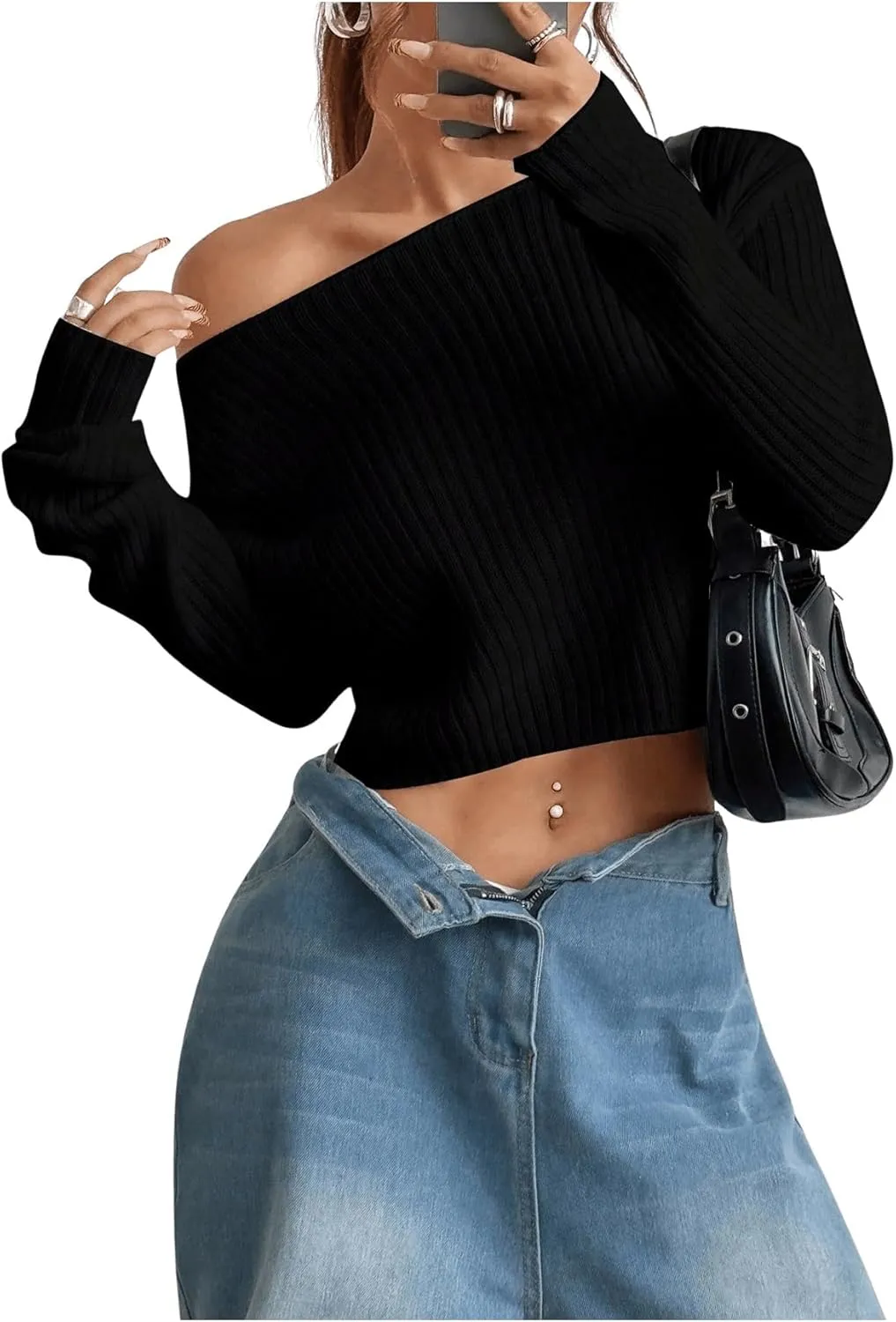 Verdusa Women's Off Shoulder Long Sleeve Sweater Y2K Cold Shoulder Sweaters Knit Fitted Pullover Top