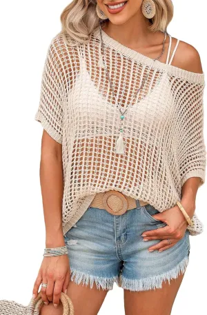 Verdusa Women's Off The Shoulder Knit Top Crochet Summer Sweaters Hollow Out Beach Cover Up