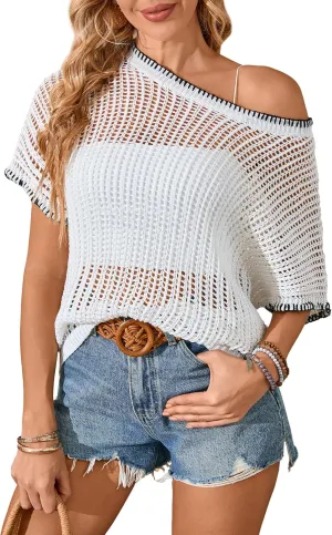 Verdusa Women's Off The Shoulder Knit Top Crochet Summer Sweaters Hollow Out Beach Cover Up