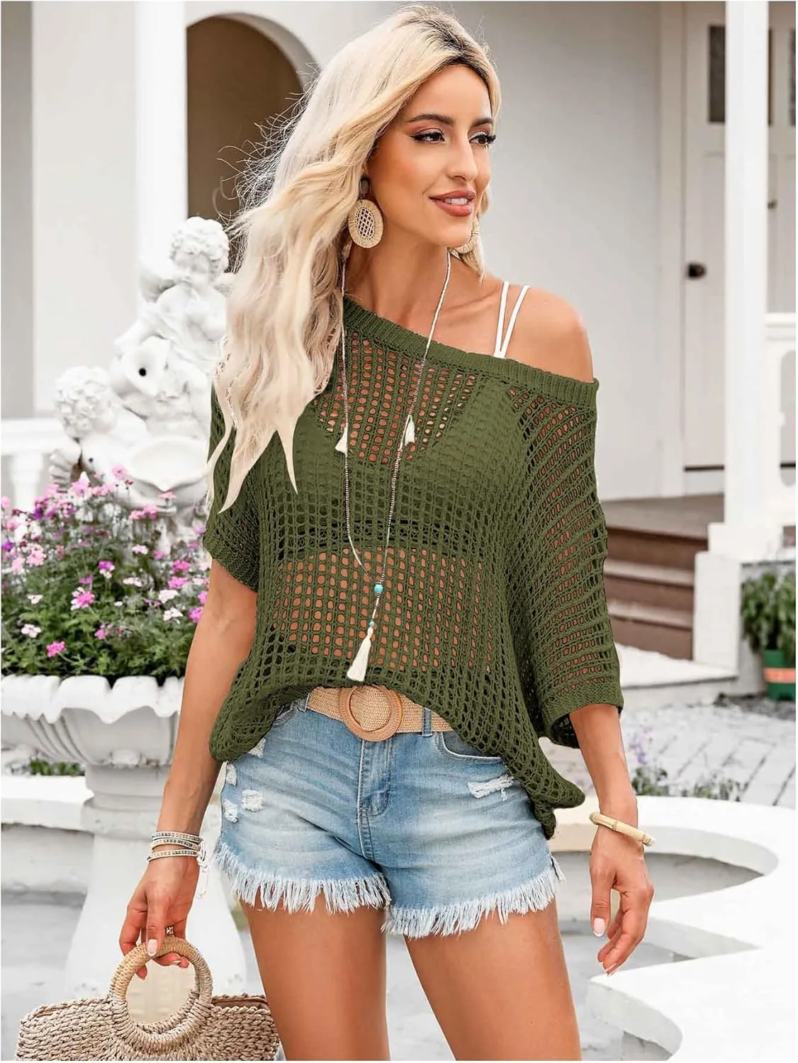 Verdusa Women's Off The Shoulder Knit Top Crochet Summer Sweaters Hollow Out Beach Cover Up
