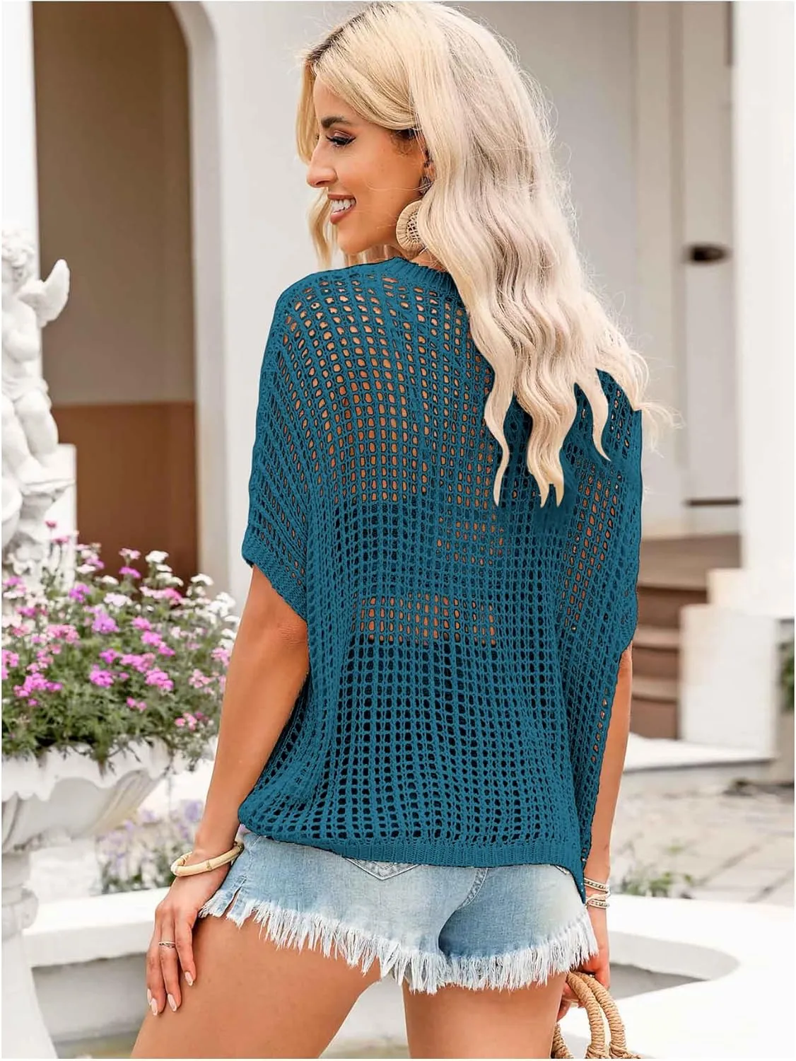 Verdusa Women's Off The Shoulder Knit Top Crochet Summer Sweaters Hollow Out Beach Cover Up