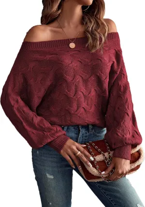 Verdusa Women's Off The Shoulder Sweater Top Dolman Sleeve Textured Knit Pullover Sweaters