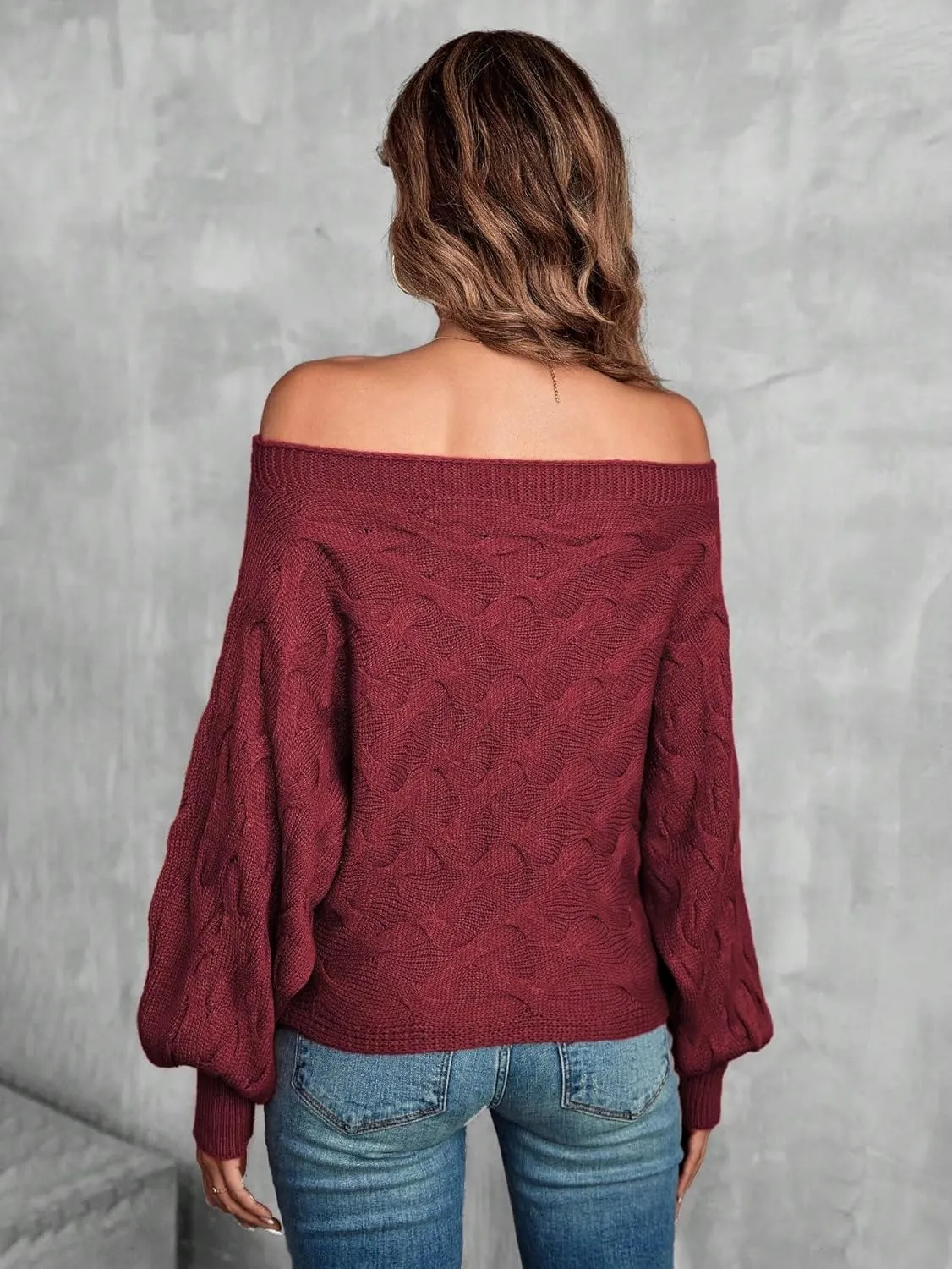 Verdusa Women's Off The Shoulder Sweater Top Dolman Sleeve Textured Knit Pullover Sweaters