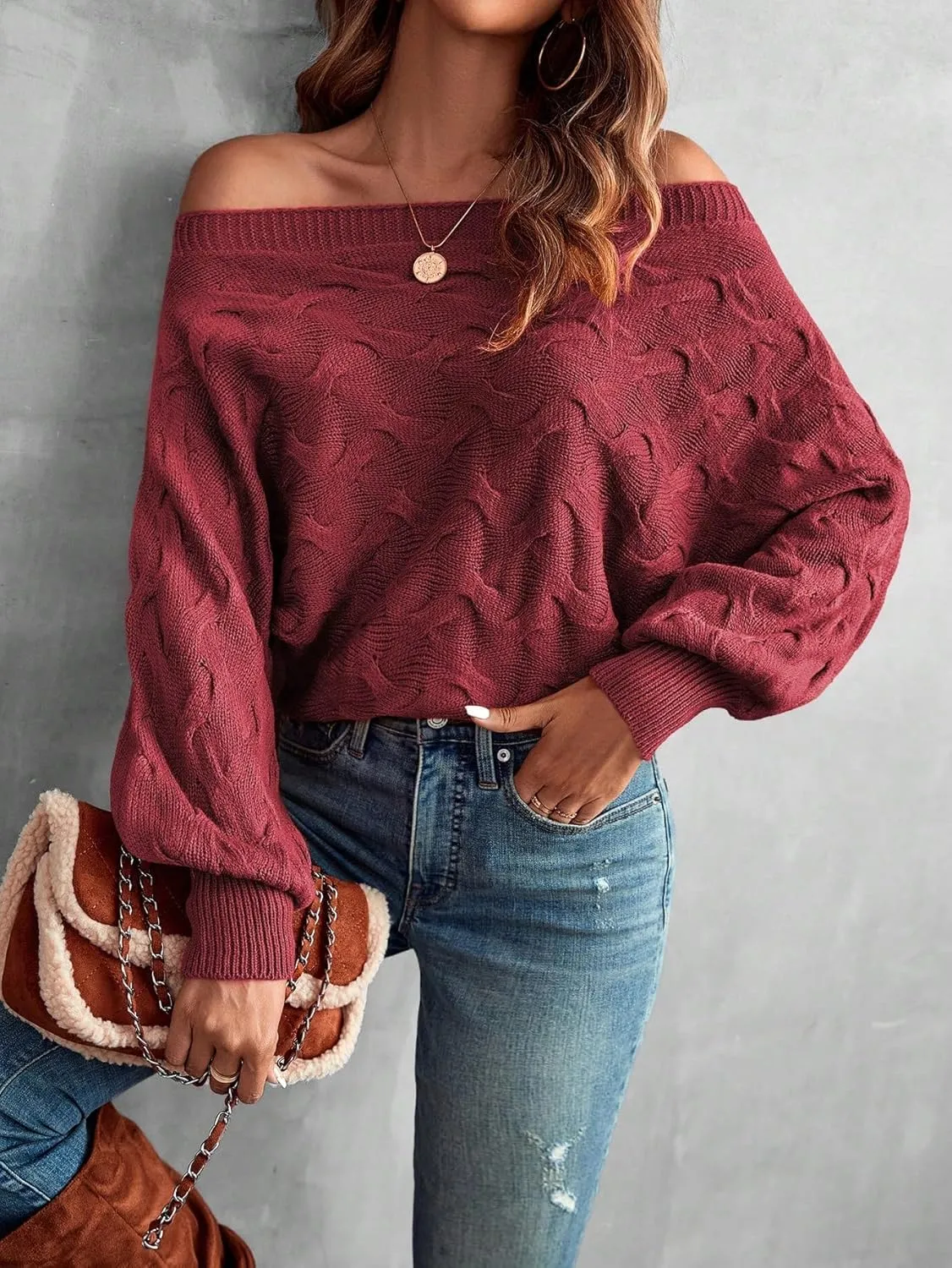 Verdusa Women's Off The Shoulder Sweater Top Dolman Sleeve Textured Knit Pullover Sweaters