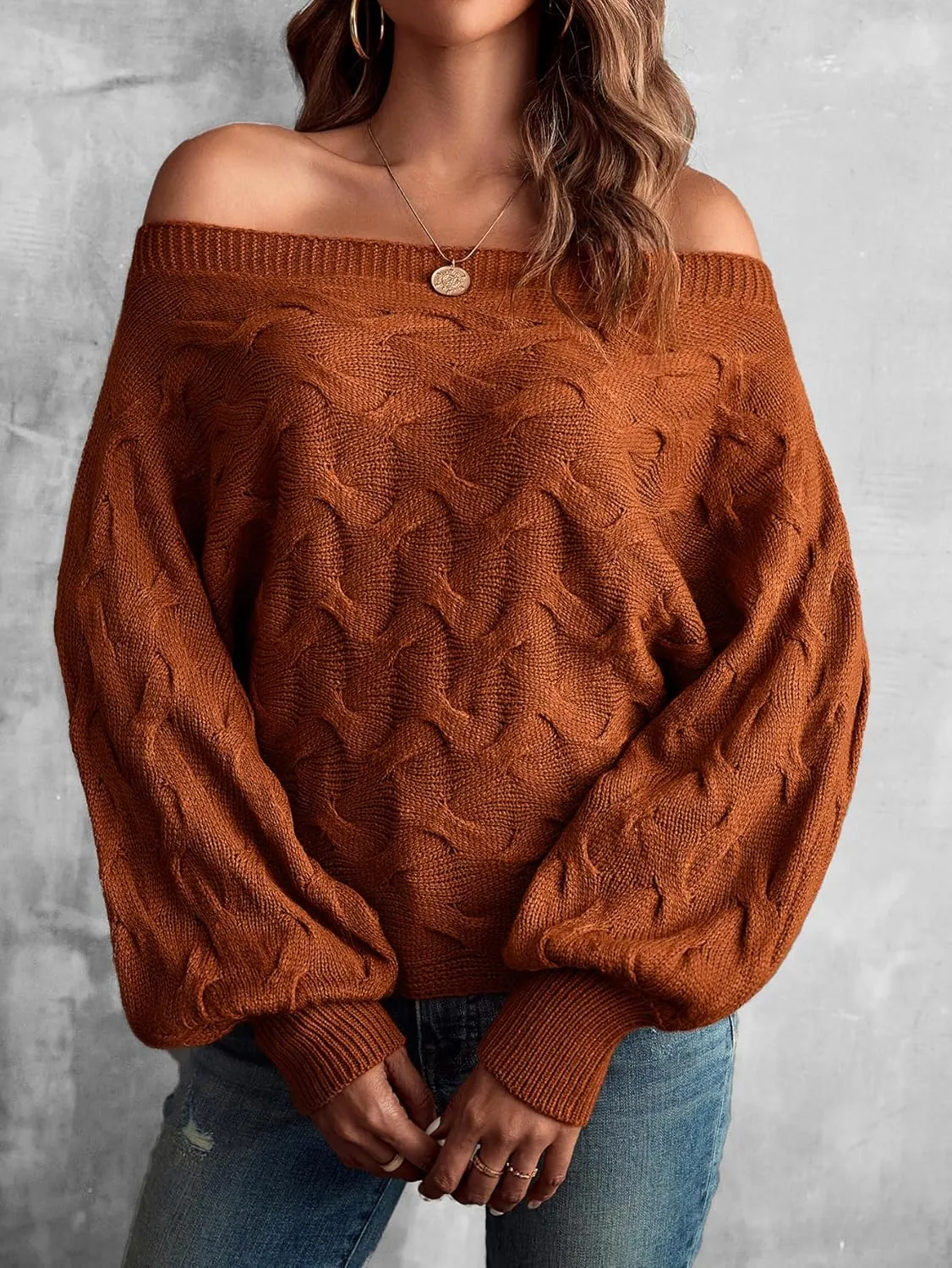 Verdusa Women's Off The Shoulder Sweater Top Dolman Sleeve Textured Knit Pullover Sweaters