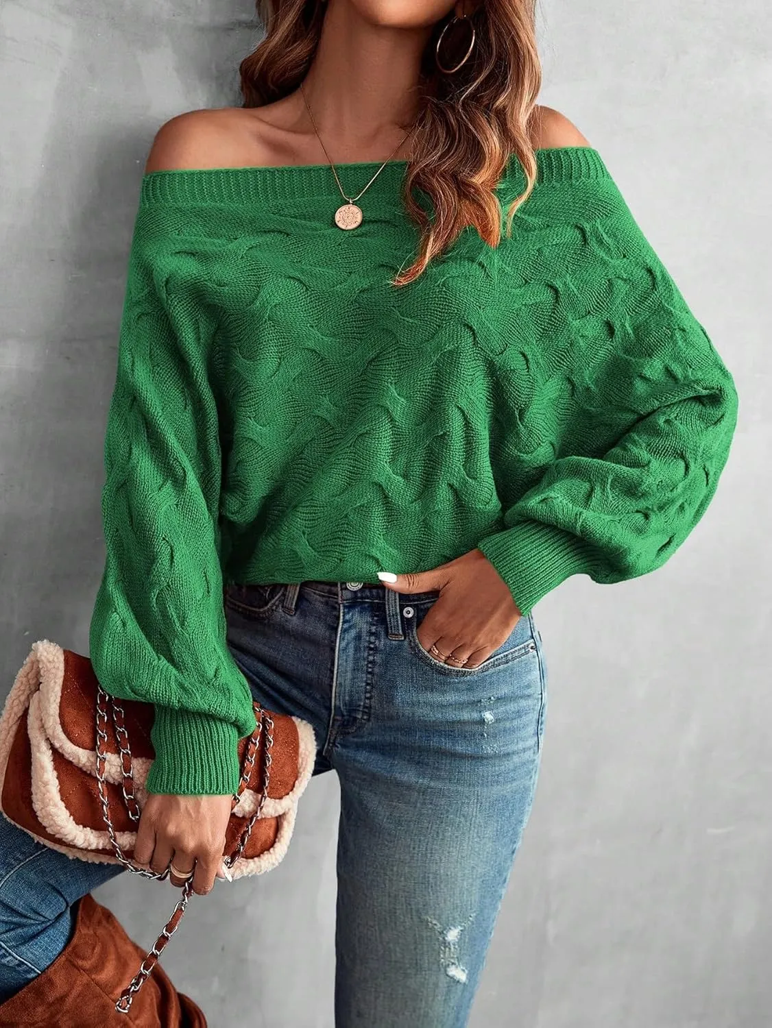 Verdusa Women's Off The Shoulder Sweater Top Dolman Sleeve Textured Knit Pullover Sweaters