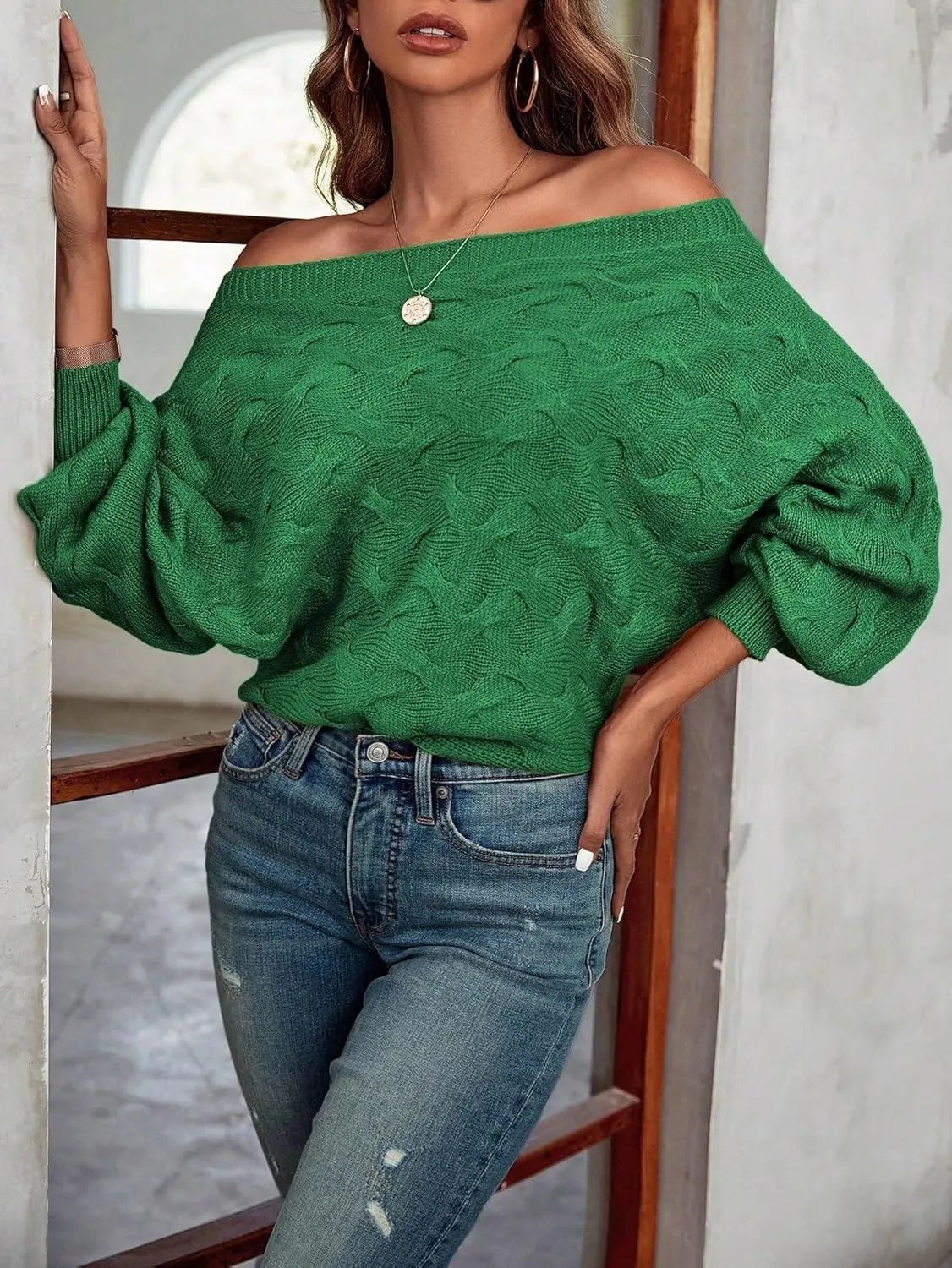 Verdusa Women's Off The Shoulder Sweater Top Dolman Sleeve Textured Knit Pullover Sweaters