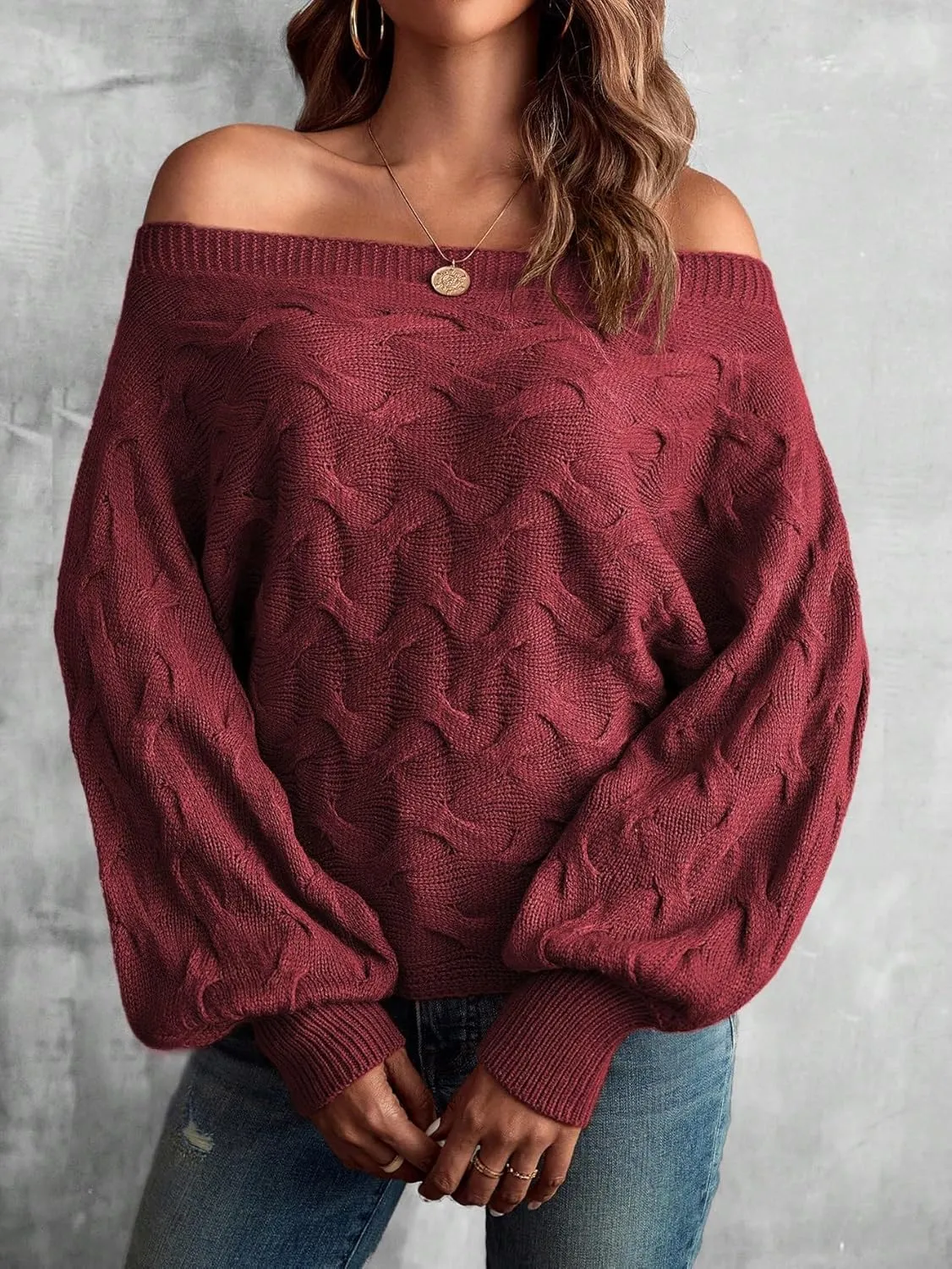 Verdusa Women's Off The Shoulder Sweater Top Dolman Sleeve Textured Knit Pullover Sweaters