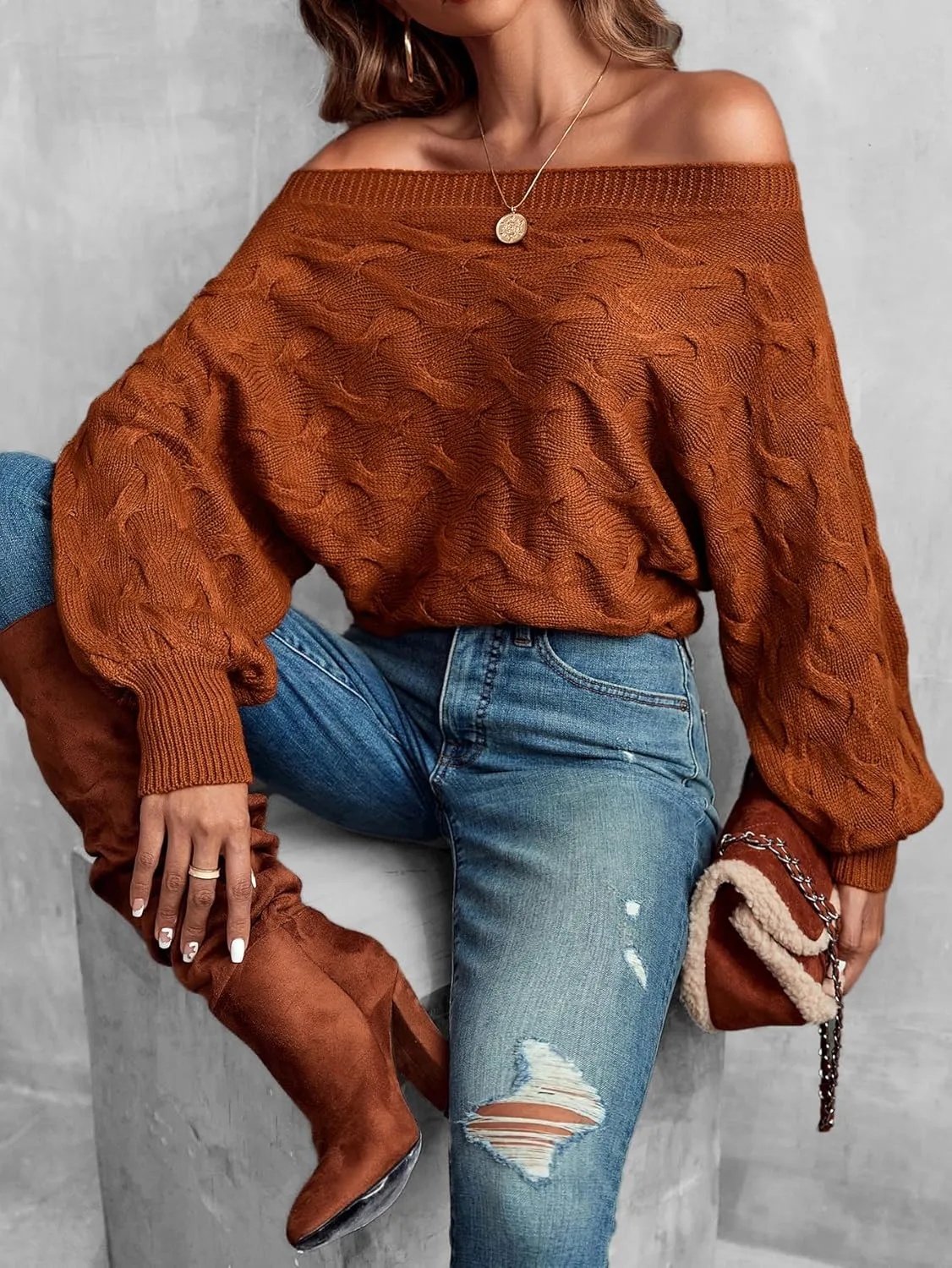 Verdusa Women's Off The Shoulder Sweater Top Dolman Sleeve Textured Knit Pullover Sweaters