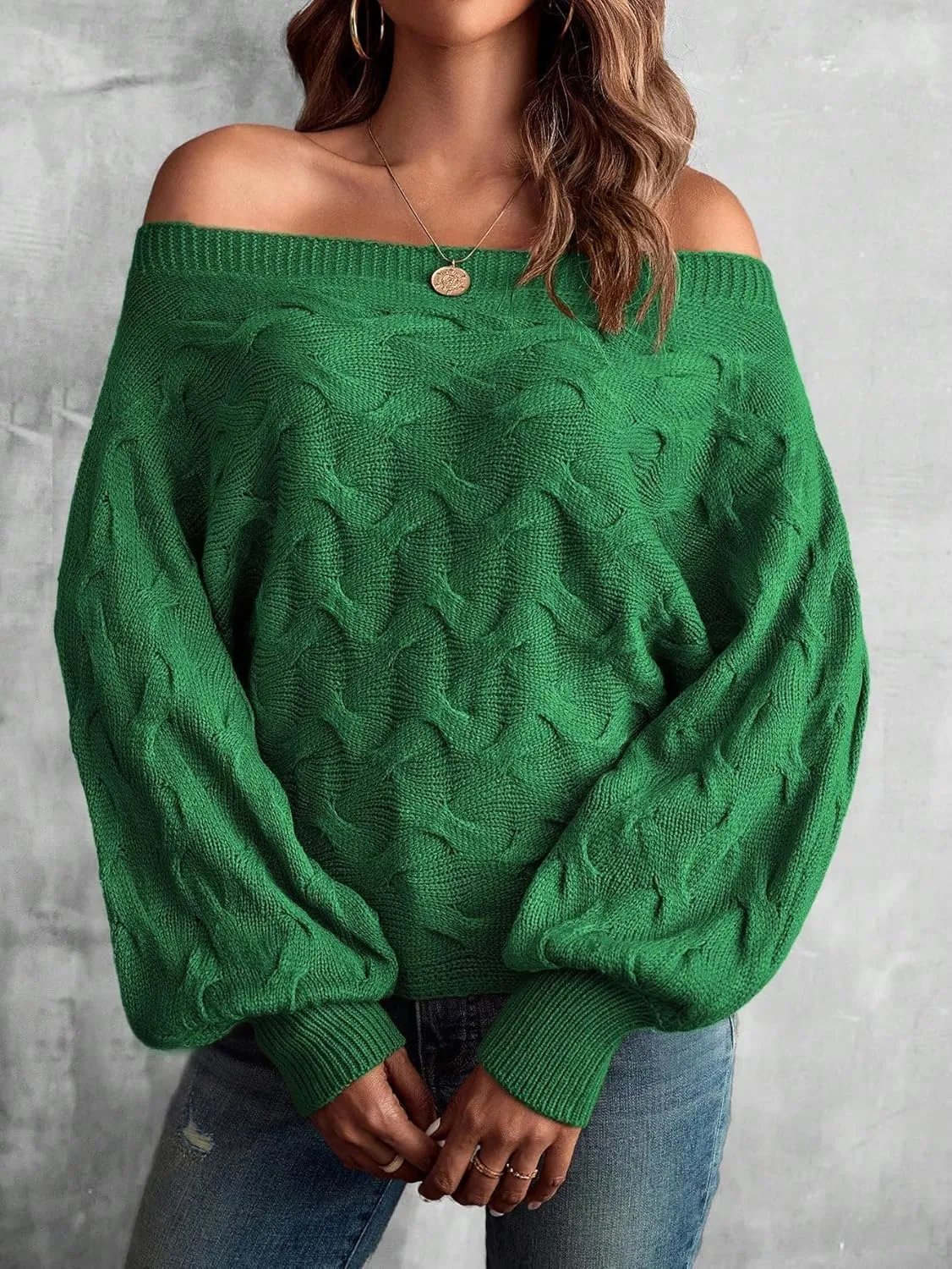 Verdusa Women's Off The Shoulder Sweater Top Dolman Sleeve Textured Knit Pullover Sweaters