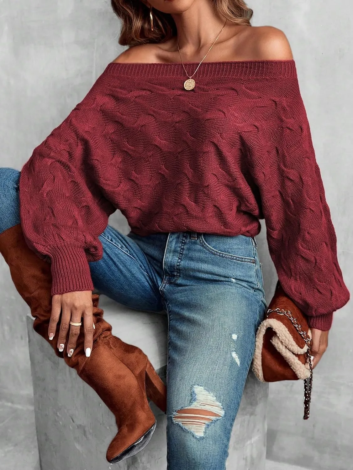 Verdusa Women's Off The Shoulder Sweater Top Dolman Sleeve Textured Knit Pullover Sweaters