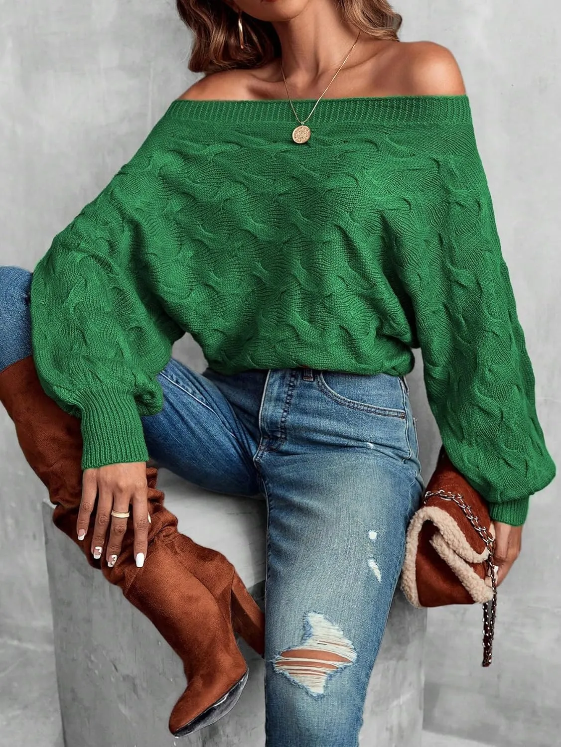 Verdusa Women's Off The Shoulder Sweater Top Dolman Sleeve Textured Knit Pullover Sweaters
