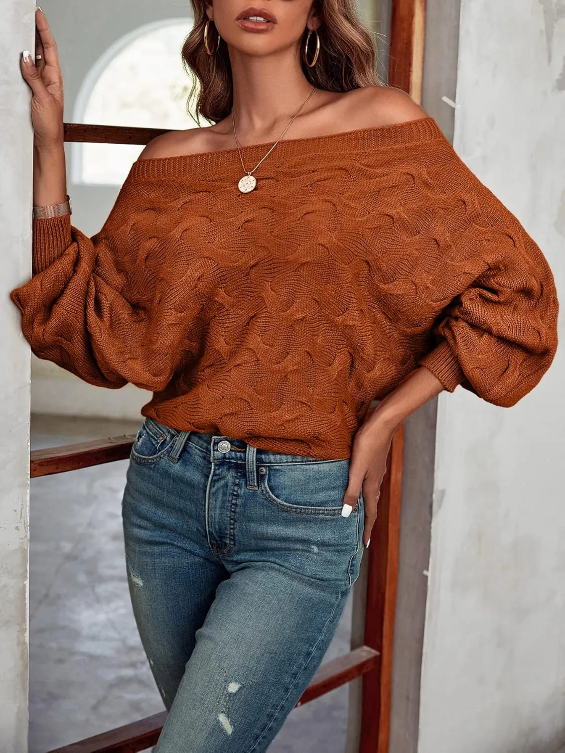 Verdusa Women's Off The Shoulder Sweater Top Dolman Sleeve Textured Knit Pullover Sweaters