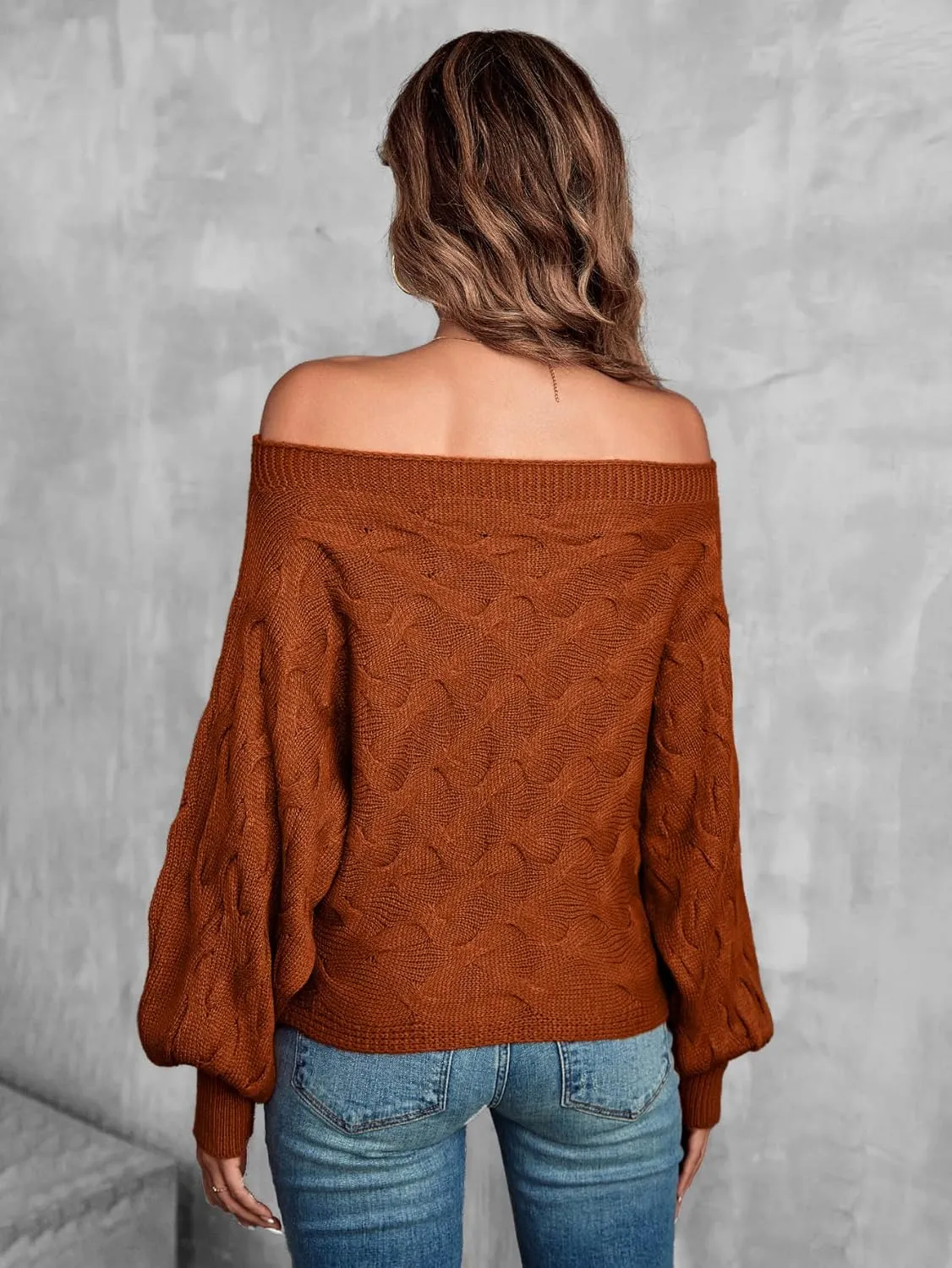 Verdusa Women's Off The Shoulder Sweater Top Dolman Sleeve Textured Knit Pullover Sweaters