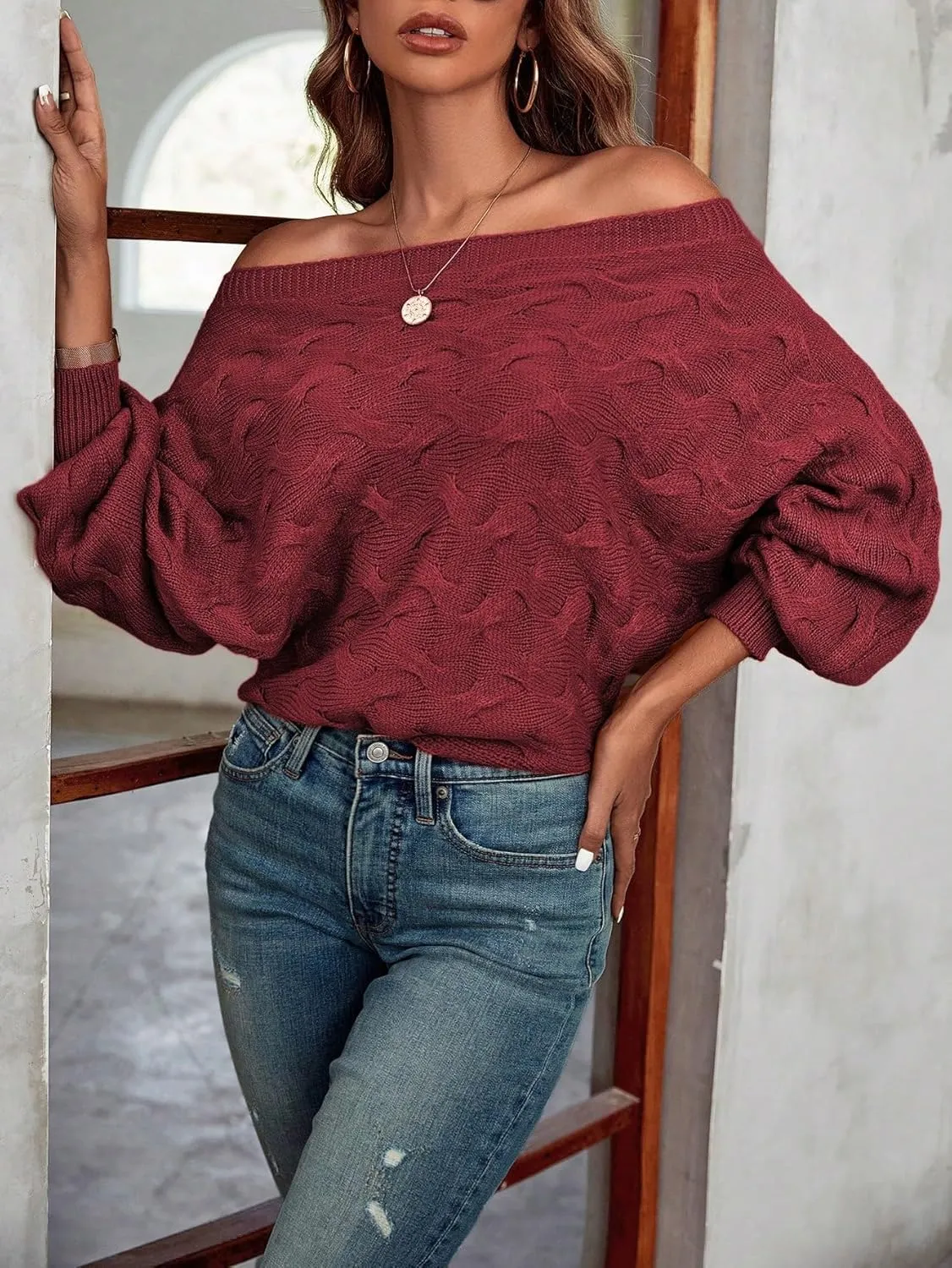 Verdusa Women's Off The Shoulder Sweater Top Dolman Sleeve Textured Knit Pullover Sweaters