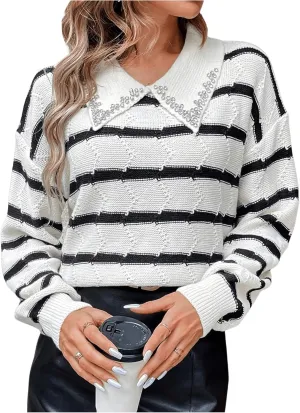 Verdusa Women's Old Money Collared Lantern Sleeve Cropped Sweaters Cable Knit Rhinestone Drop Shoulder Crop Knit Tops