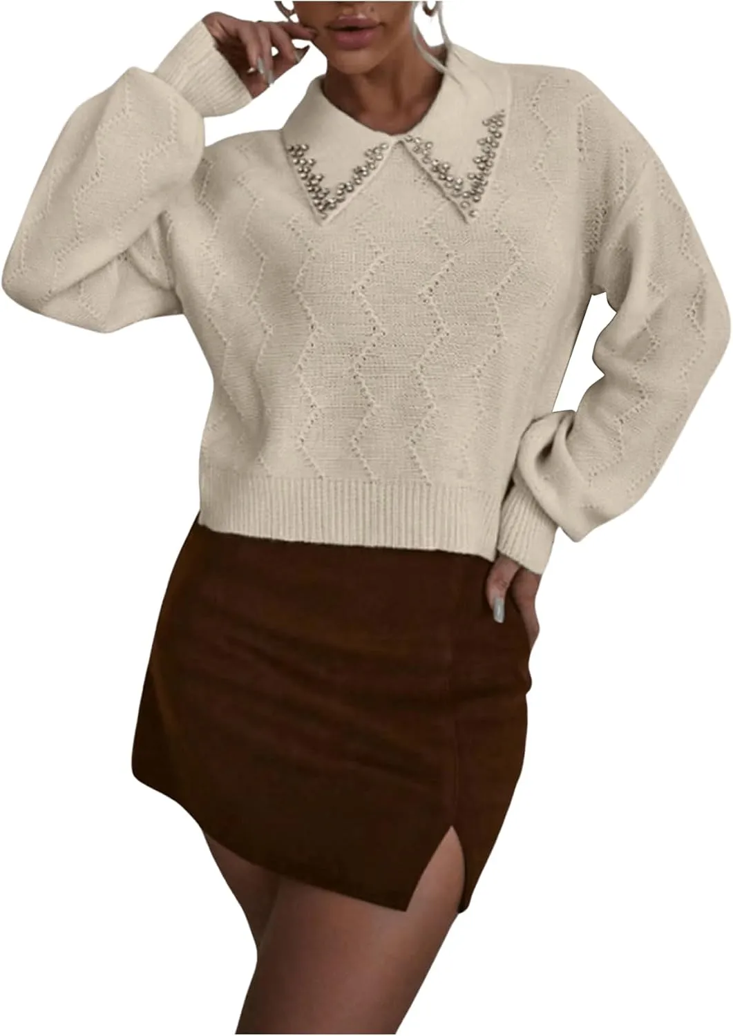 Verdusa Women's Old Money Collared Lantern Sleeve Cropped Sweaters Cable Knit Rhinestone Drop Shoulder Crop Knit Tops