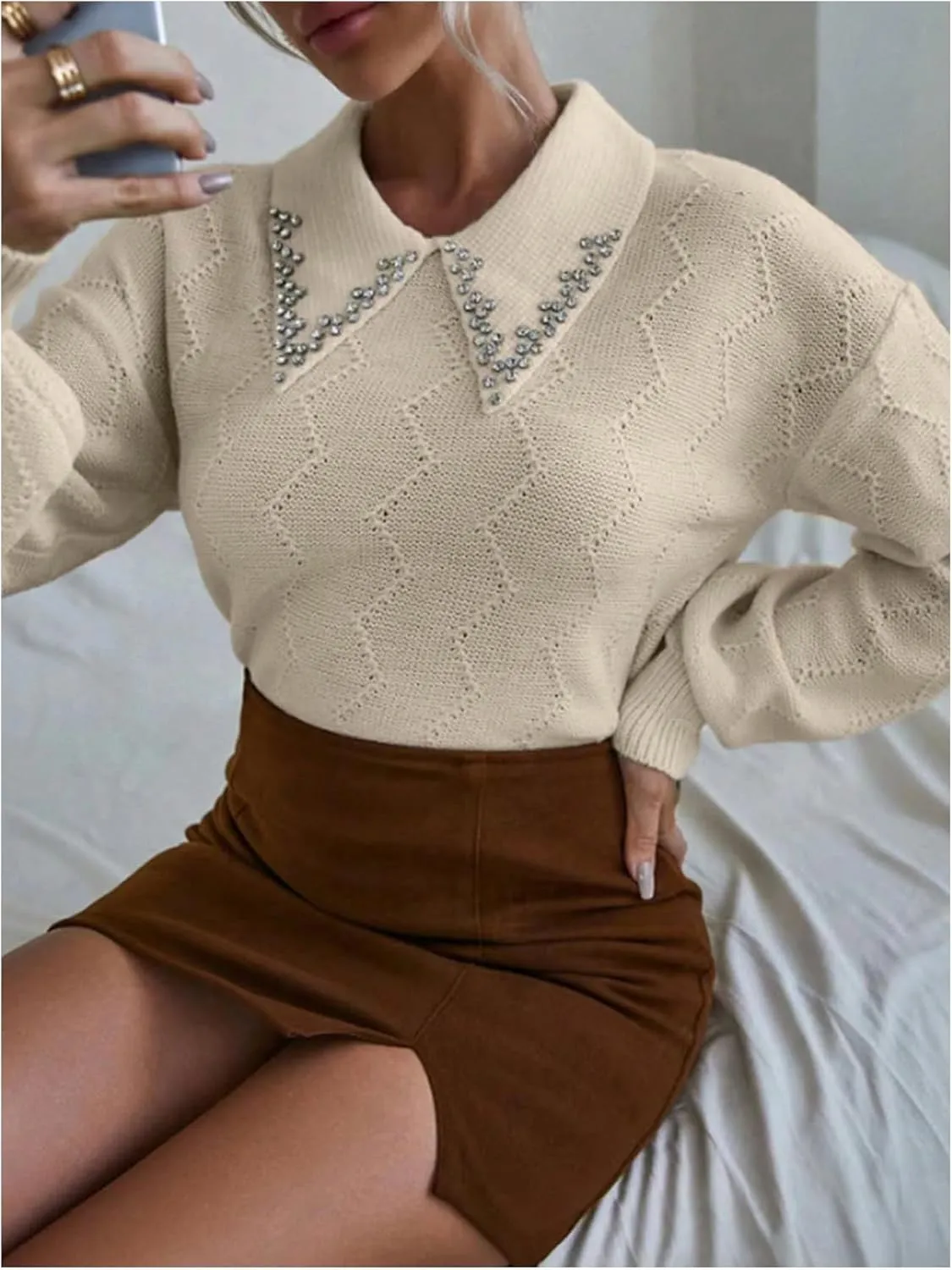 Verdusa Women's Old Money Collared Lantern Sleeve Cropped Sweaters Cable Knit Rhinestone Drop Shoulder Crop Knit Tops
