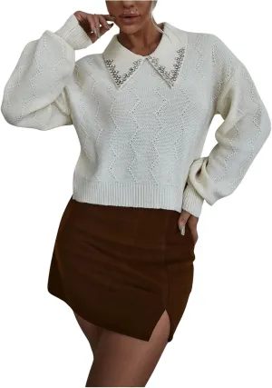 Verdusa Women's Old Money Collared Lantern Sleeve Cropped Sweaters Cable Knit Rhinestone Drop Shoulder Crop Knit Tops