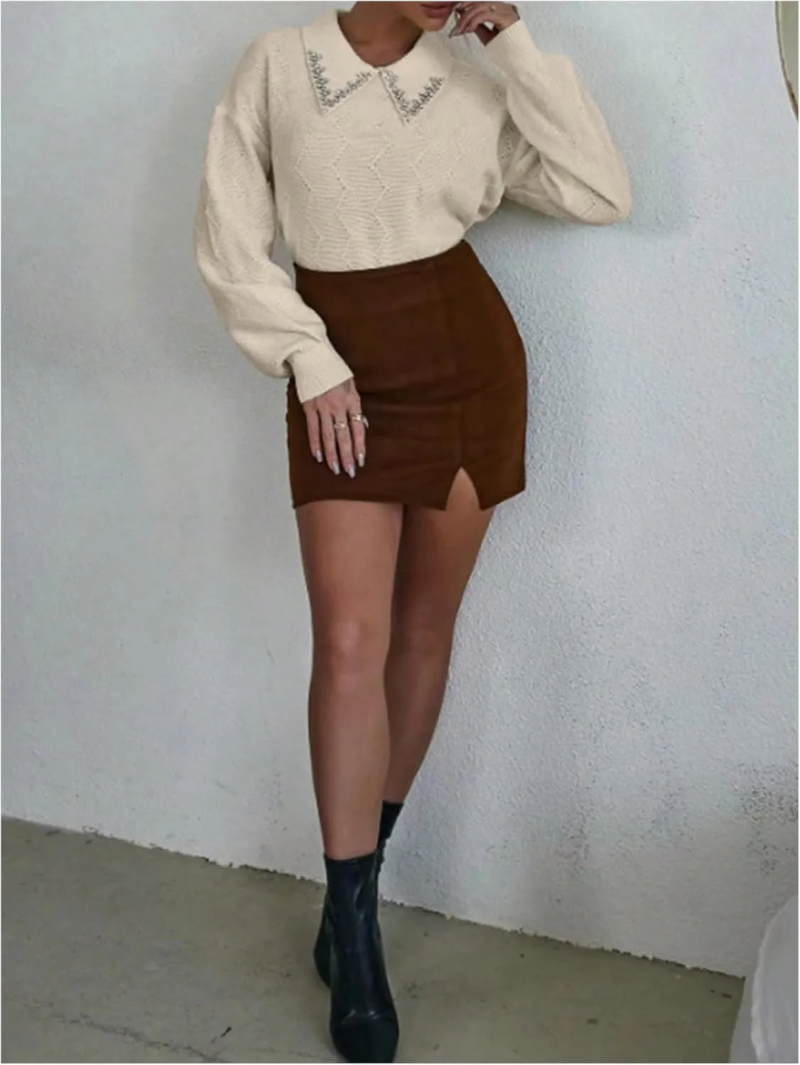 Verdusa Women's Old Money Collared Lantern Sleeve Cropped Sweaters Cable Knit Rhinestone Drop Shoulder Crop Knit Tops