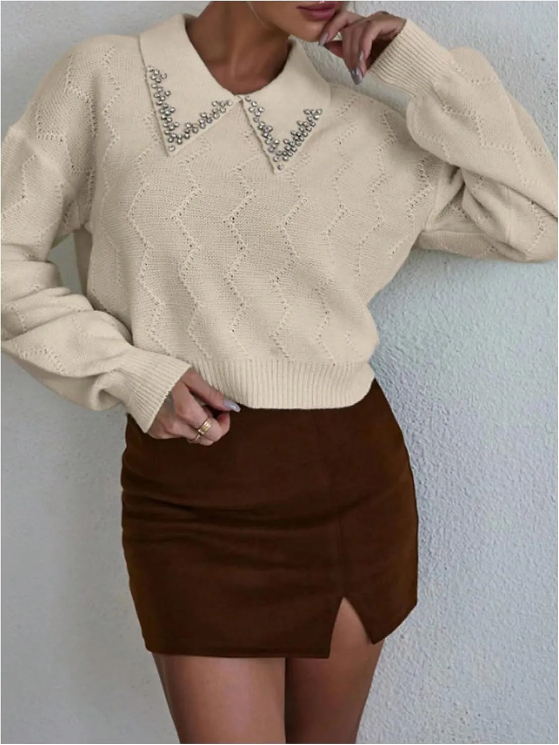 Verdusa Women's Old Money Collared Lantern Sleeve Cropped Sweaters Cable Knit Rhinestone Drop Shoulder Crop Knit Tops