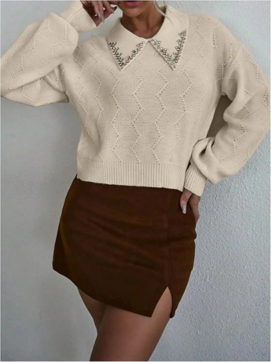 Verdusa Women's Old Money Collared Lantern Sleeve Cropped Sweaters Cable Knit Rhinestone Drop Shoulder Crop Knit Tops