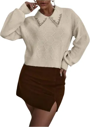 Verdusa Women's Old Money Collared Lantern Sleeve Cropped Sweaters Cable Knit Rhinestone Drop Shoulder Crop Knit Tops
