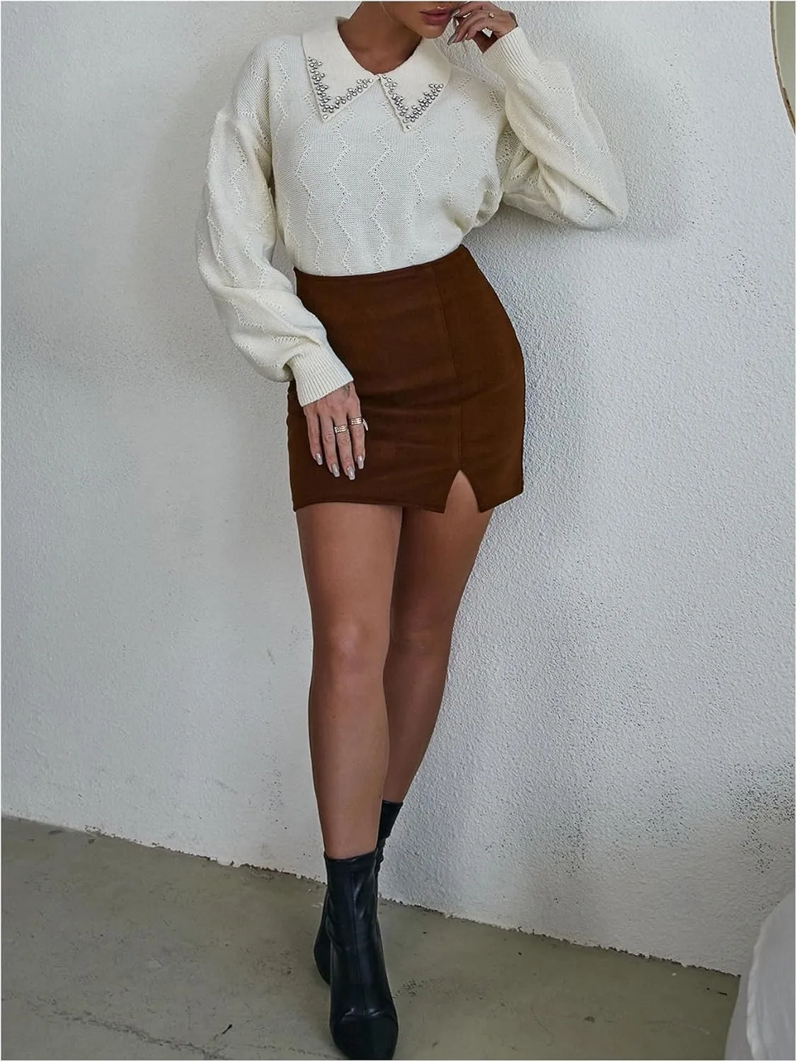 Verdusa Women's Old Money Collared Lantern Sleeve Cropped Sweaters Cable Knit Rhinestone Drop Shoulder Crop Knit Tops