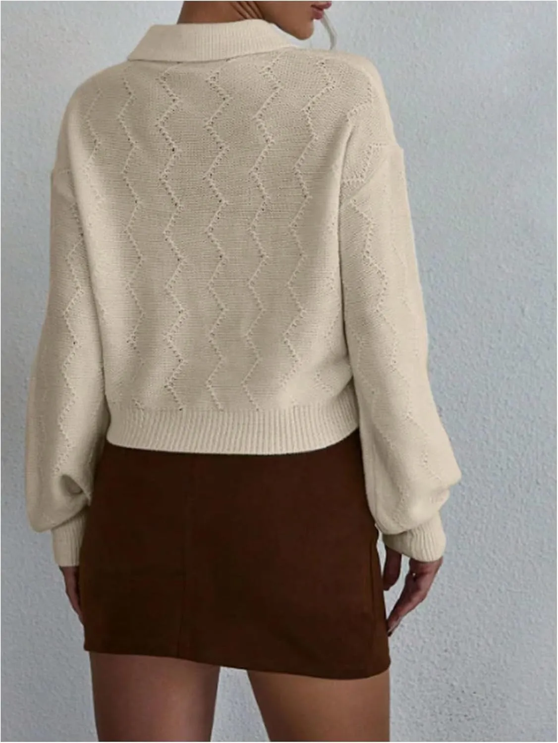 Verdusa Women's Old Money Collared Lantern Sleeve Cropped Sweaters Cable Knit Rhinestone Drop Shoulder Crop Knit Tops