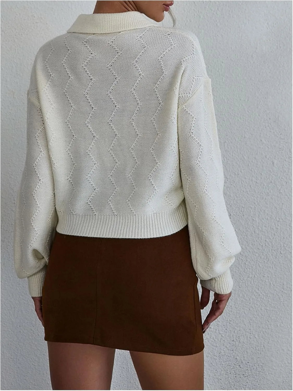 Verdusa Women's Old Money Collared Lantern Sleeve Cropped Sweaters Cable Knit Rhinestone Drop Shoulder Crop Knit Tops