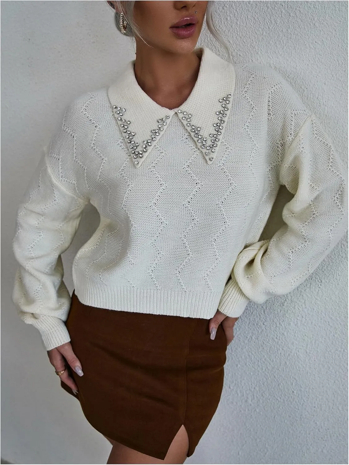 Verdusa Women's Old Money Collared Lantern Sleeve Cropped Sweaters Cable Knit Rhinestone Drop Shoulder Crop Knit Tops