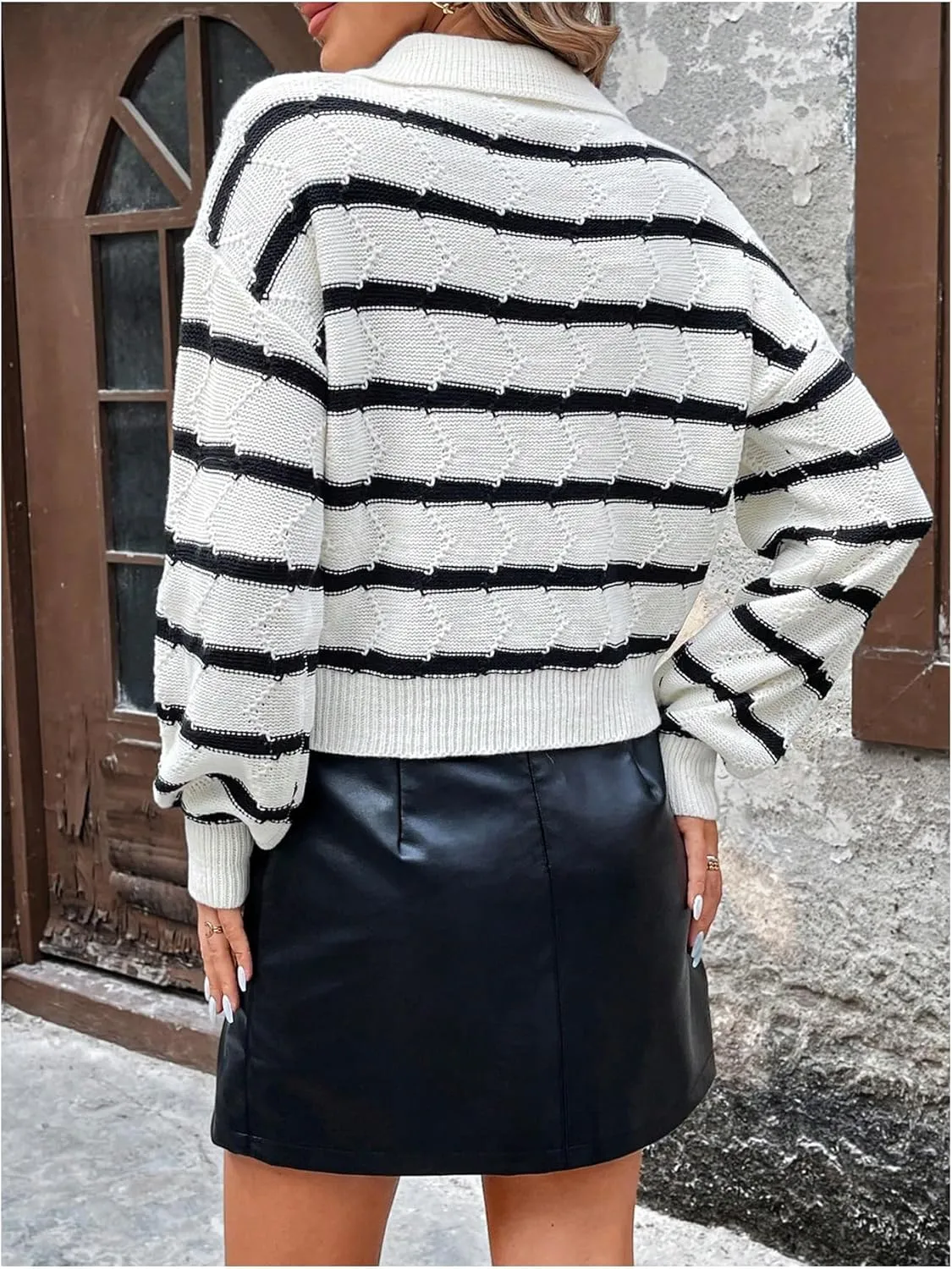 Verdusa Women's Old Money Collared Lantern Sleeve Cropped Sweaters Cable Knit Rhinestone Drop Shoulder Crop Knit Tops