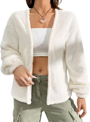 Verdusa Women's Open Front Cardigan Fuzzy Fleece Long Sleeve Loose Sweaters Outerwear