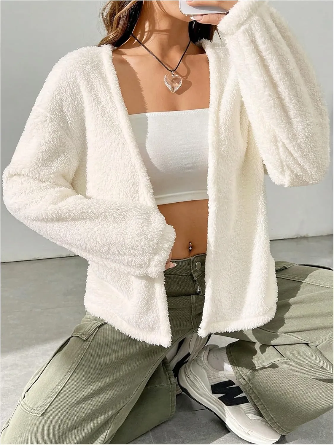 Verdusa Women's Open Front Cardigan Fuzzy Fleece Long Sleeve Loose Sweaters Outerwear