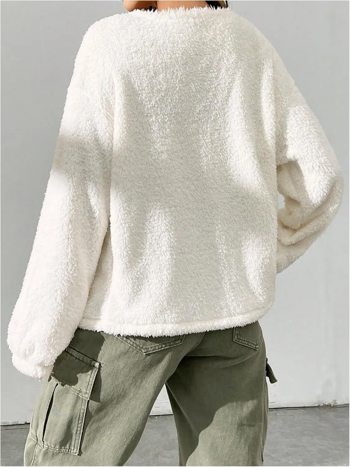 Verdusa Women's Open Front Cardigan Fuzzy Fleece Long Sleeve Loose Sweaters Outerwear
