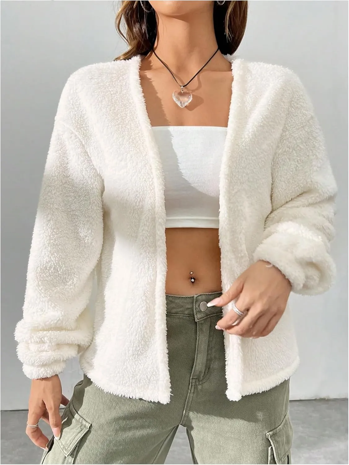 Verdusa Women's Open Front Cardigan Fuzzy Fleece Long Sleeve Loose Sweaters Outerwear