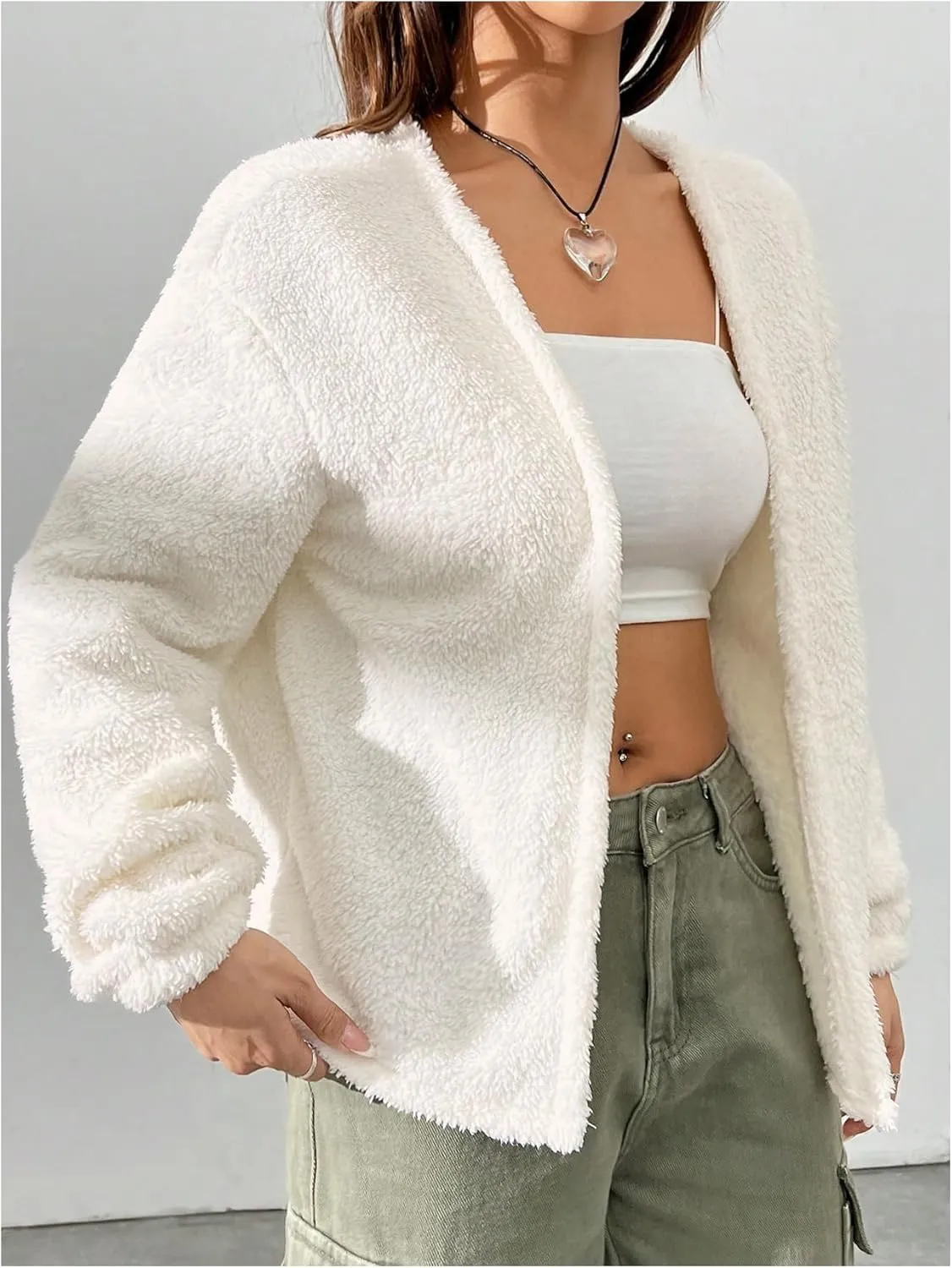 Verdusa Women's Open Front Cardigan Fuzzy Fleece Long Sleeve Loose Sweaters Outerwear