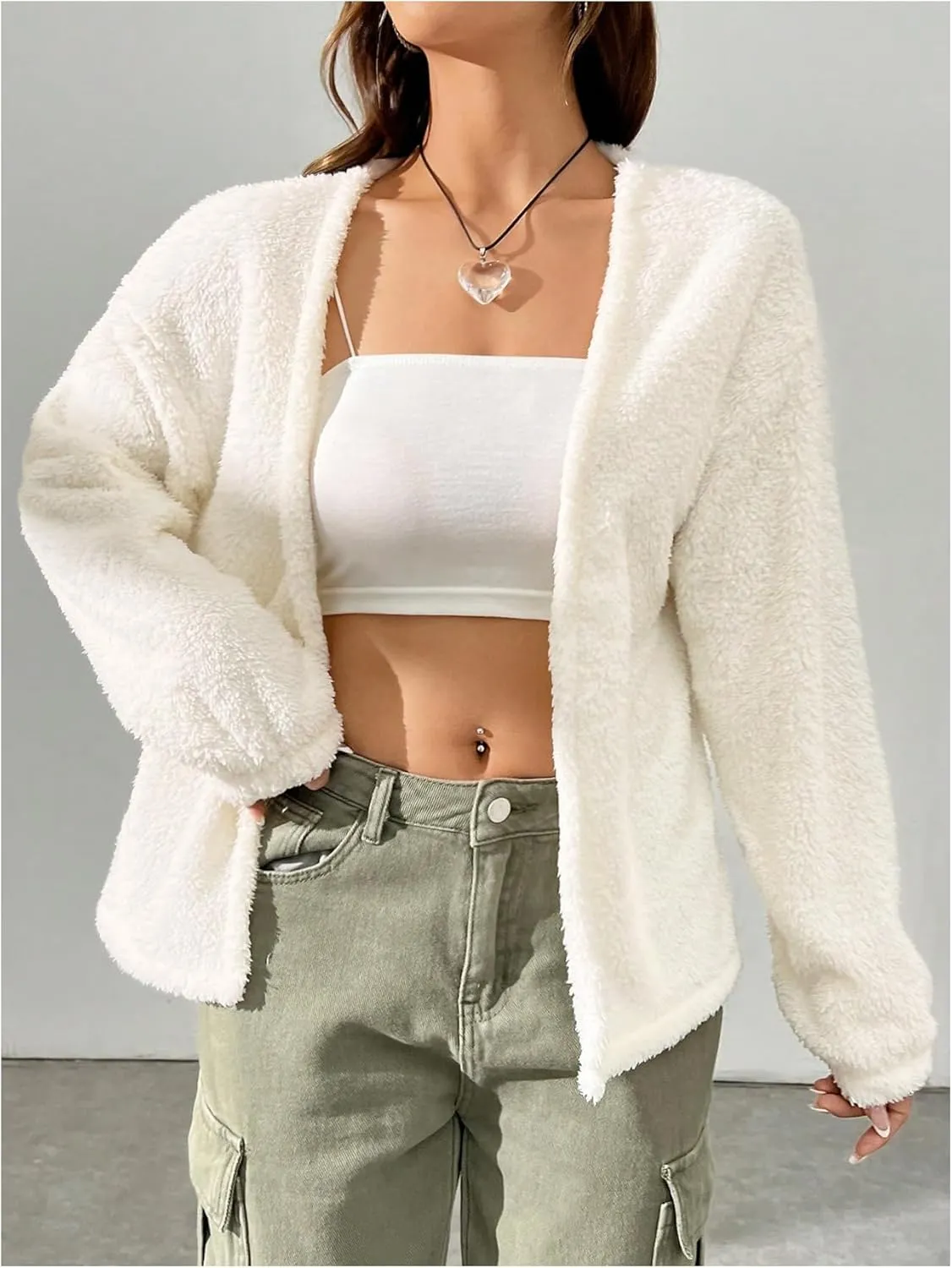 Verdusa Women's Open Front Cardigan Fuzzy Fleece Long Sleeve Loose Sweaters Outerwear