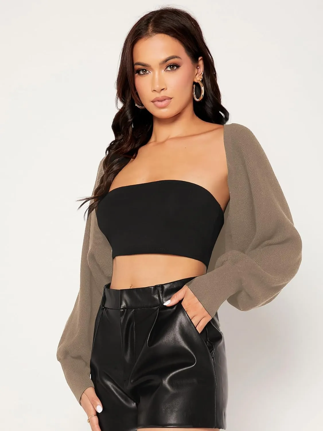 Verdusa Women's Open Front Long Sleeve Knit Crop Cardigan Sweaters Shrug