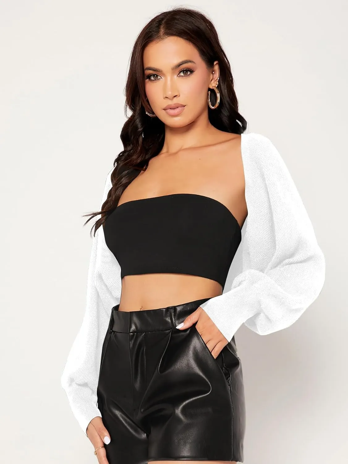 Verdusa Women's Open Front Long Sleeve Knit Crop Cardigan Sweaters Shrug