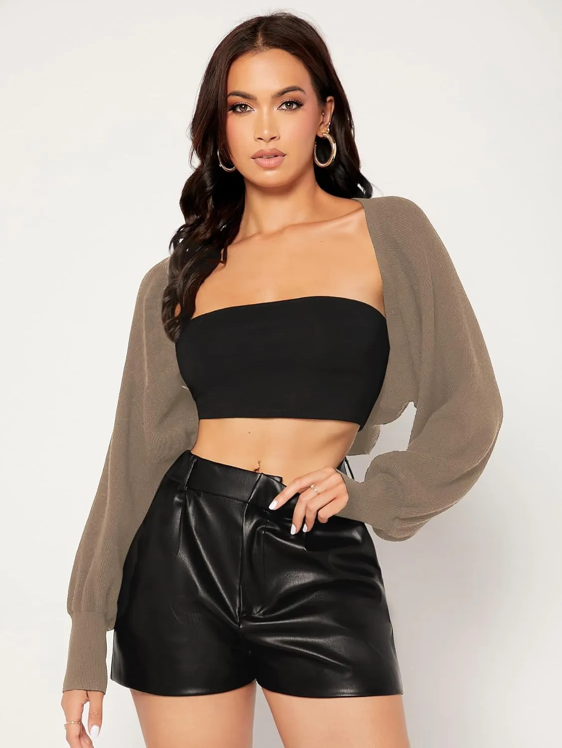 Verdusa Women's Open Front Long Sleeve Knit Crop Cardigan Sweaters Shrug