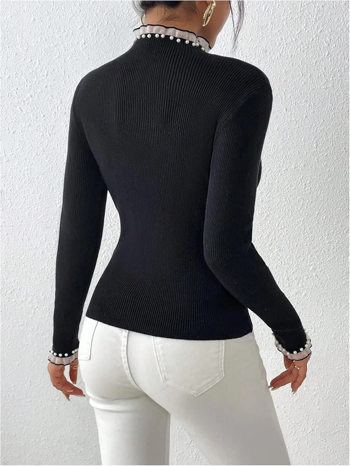 Verdusa Women's Pearl Sweaters Ruffle Trim Mock Neck Long Sleeve Slim Fit Pullovers