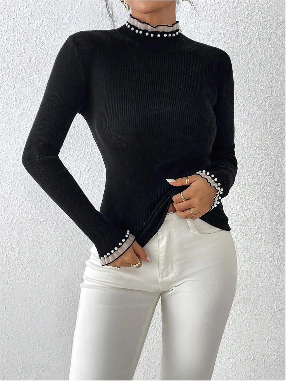 Verdusa Women's Pearl Sweaters Ruffle Trim Mock Neck Long Sleeve Slim Fit Pullovers