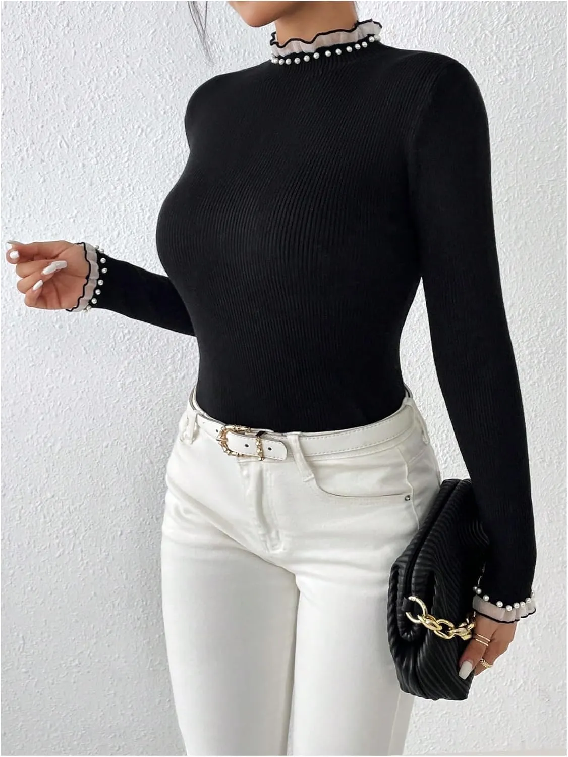 Verdusa Women's Pearl Sweaters Ruffle Trim Mock Neck Long Sleeve Slim Fit Pullovers